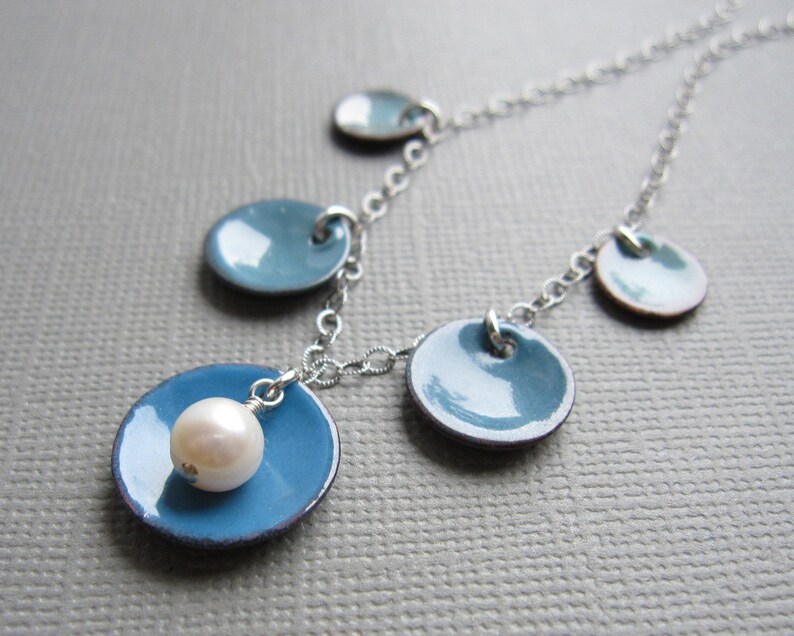 Ombre Dusk Blue Enamel Necklace White Pearl Sterling Silver image 1