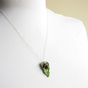 Green Enamel Leaf Necklace Red Garnet image 2