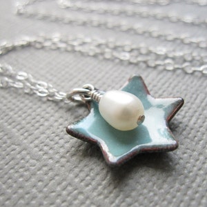 Dusk Blue Jewish Star of David Necklace Enamel White Pearl Sterling Silver image 1