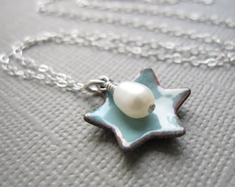 Dusk Blue Jewish Star of David Necklace Enamel White Pearl Sterling Silver