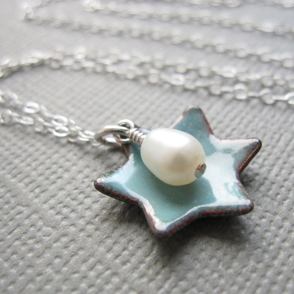 Dusk Blue Jewish Star of David Necklace Enamel White Pearl Sterling Silver