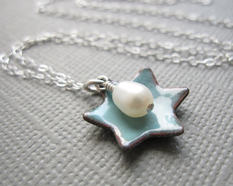 Dusk Blue Jewish Star of David Necklace Enamel White Pearl Sterling Silver image 1