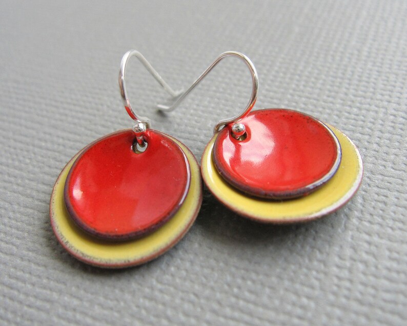 Red and Yellow Enamel Modern Minimalist Circle Earrings - Etsy