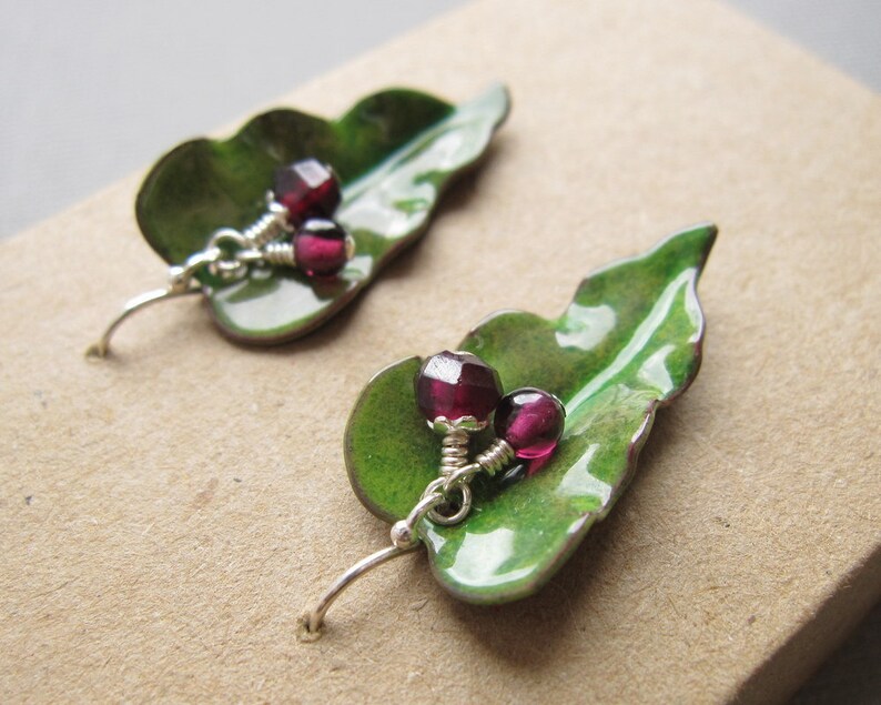 Green Enamel Leaf Earrings Red Garnet image 5