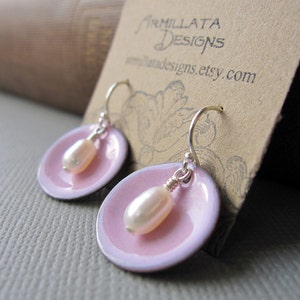 Pink Enamel White Pearl Modern Minimalist Circle Earrings image 2