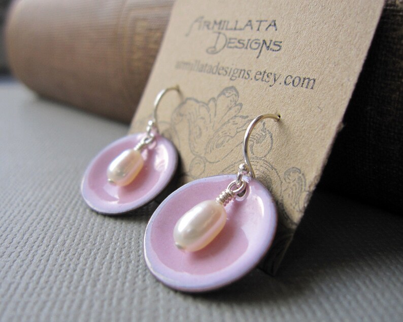 Pink Enamel White Pearl Modern Minimalist Circle Earrings image 2