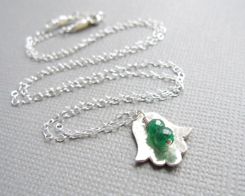 Hamsa Necklace Tiny Green Emerald Sterling Silver Jewish Judaica image 2