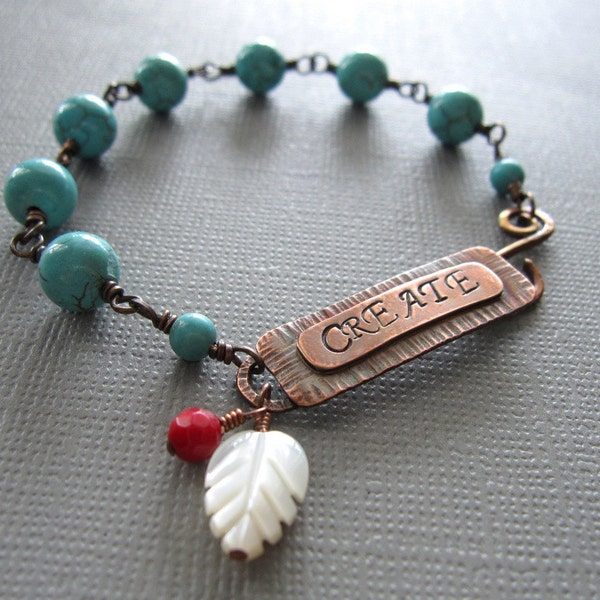 Create Inspirational Copper Bracelet Turquoise Custom Word Bracelet ID Bracelet Blue Red White