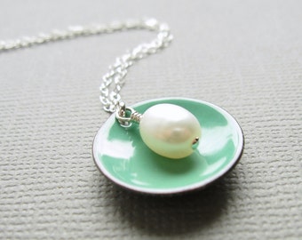 Mint Green Enamel Modern Minimalist Necklace White Pearl Sterling Silver