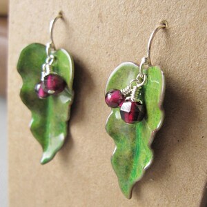 Green Enamel Leaf Earrings Red Garnet image 3