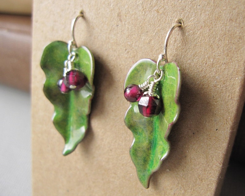 Green Enamel Leaf Earrings Red Garnet image 3
