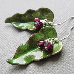 Green Enamel Leaf Earrings Red Garnet image 4