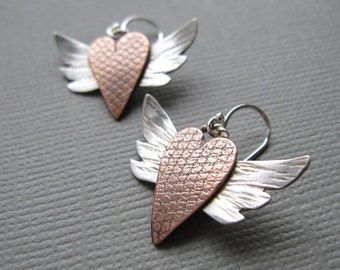 Winged Heart Copper Sterling Silver Earrings