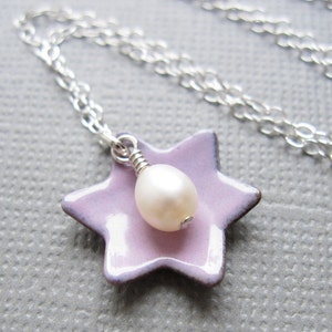 Pink Jewish Star of David Necklace Enamel White Pearl Sterling Silver image 4