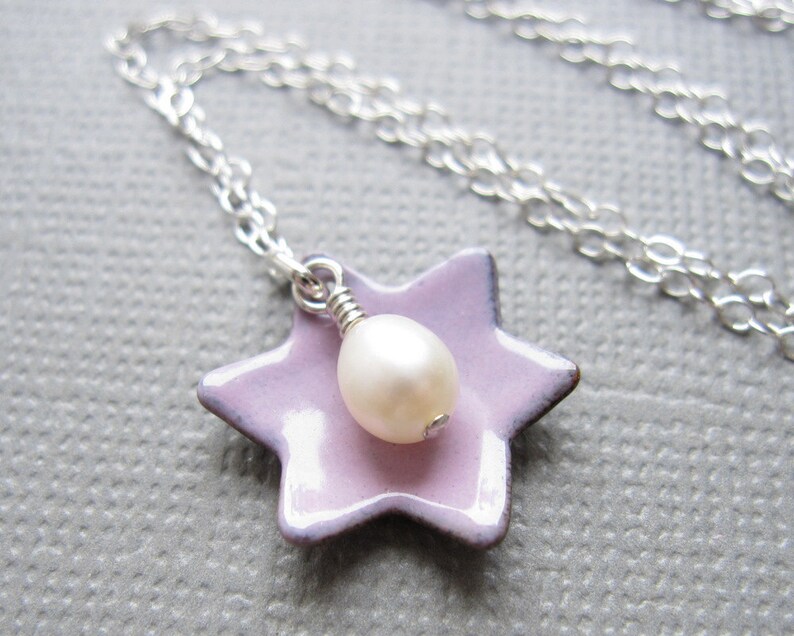 Pink Jewish Star of David Necklace Enamel White Pearl Sterling Silver image 4