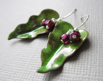 Green Enamel Leaf Earrings Red Garnet