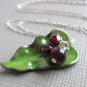 Green Enamel Leaf Necklace Red Garnet image 1