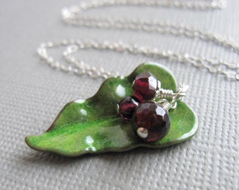 Green Enamel Leaf Necklace Red Garnet