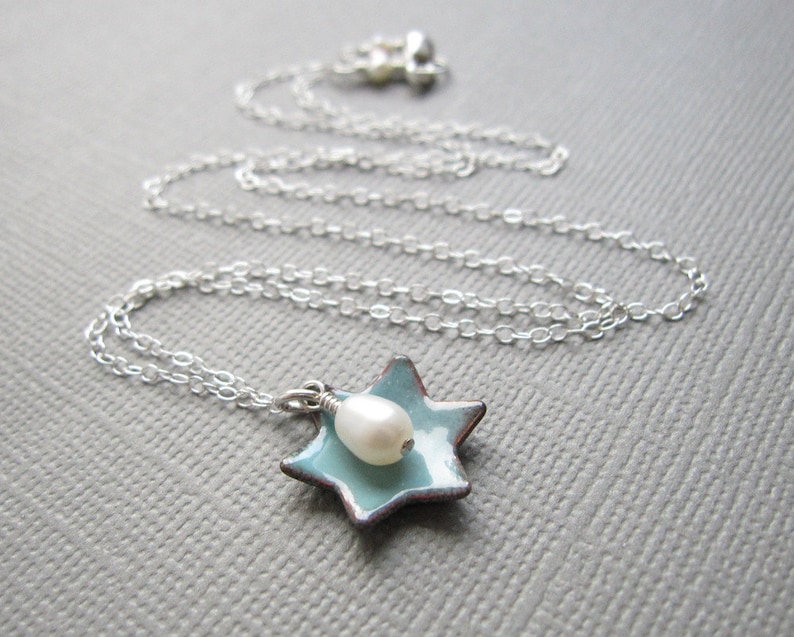 Dusk Blue Jewish Star of David Necklace Enamel White Pearl Sterling Silver image 2