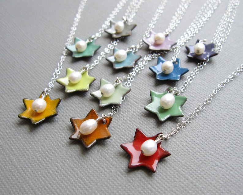 Jewish Star of David Necklace Choose Your Color Enamel White Pearl Sterling Silver image 3