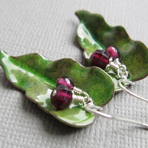 Green Enamel Leaf Earrings Red Garnet image 2