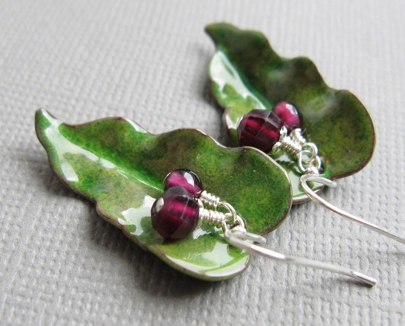 Green Enamel Leaf Earrings Red Garnet image 2