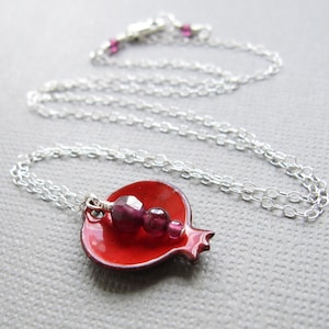 Pomegranate Necklace Red Enamel Judaica Garnet Sterling Silver image 4