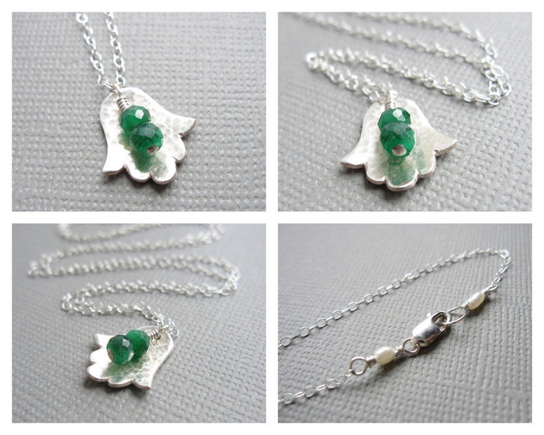 Hamsa Necklace Tiny Green Emerald Sterling Silver Jewish Judaica image 5