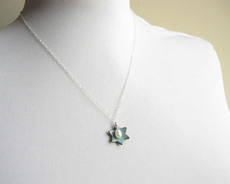 Dusk Blue Jewish Star of David Necklace Enamel White Pearl Sterling Silver image 3