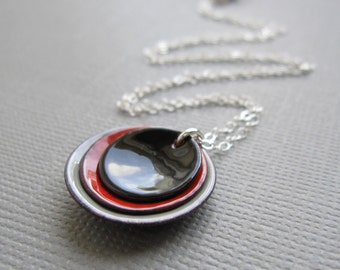 Modern Black Red Gray Enamel Minimalist Necklace Sterling Silver