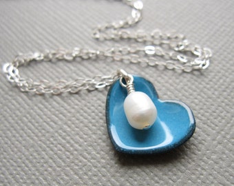 French Blue Heart Necklace White Pearl Sterling Silver Enamel