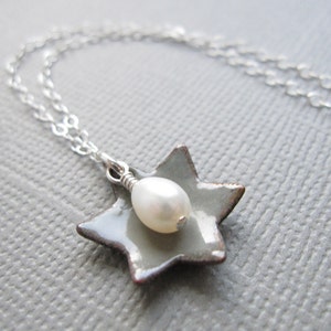 Dove Gray Jewish Star of David Necklace White Pearl Sterling Silver Enamel image 2
