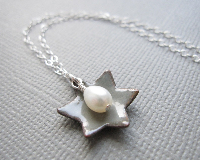 Dove Gray Jewish Star of David Necklace White Pearl Sterling Silver Enamel image 2