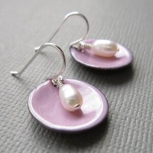 Pink Enamel White Pearl Modern Minimalist Circle Earrings image 3