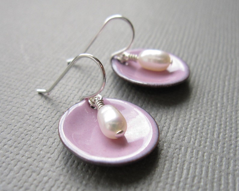 Pink Enamel White Pearl Modern Minimalist Circle Earrings image 3