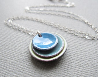 Layered Circles Blue Tea Green Enamel Necklace Sterling Silver