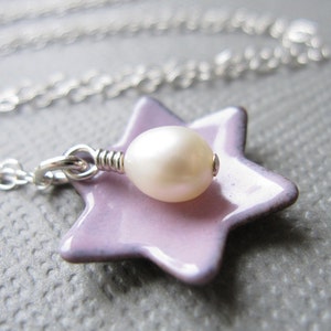 Pink Jewish Star of David Necklace Enamel White Pearl Sterling Silver image 2