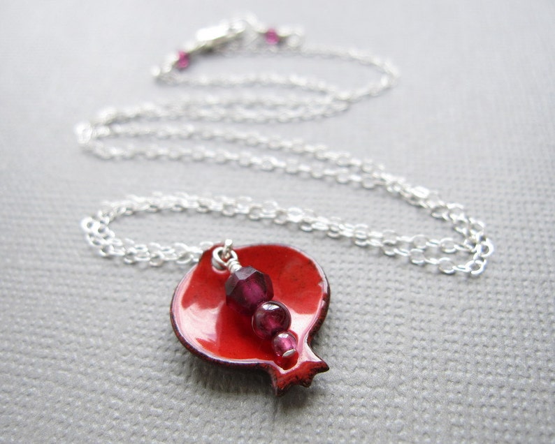 Pomegranate Necklace Red Enamel Judaica Garnet Sterling Silver image 1