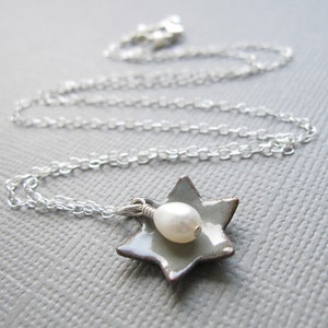 Dove Gray Jewish Star of David Necklace White Pearl Sterling Silver Enamel image 1