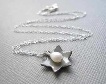 Dove Gray Jewish Star of David Necklace White Pearl Sterling Silver Enamel