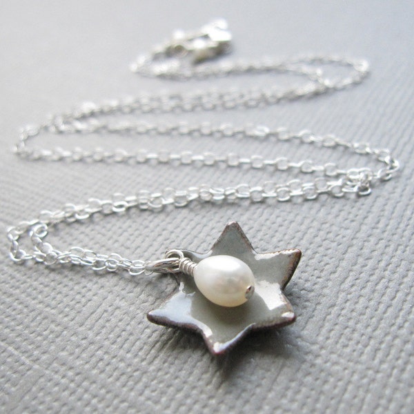 Dove Gray Jewish Star of David Necklace White Pearl Sterling Silver Enamel