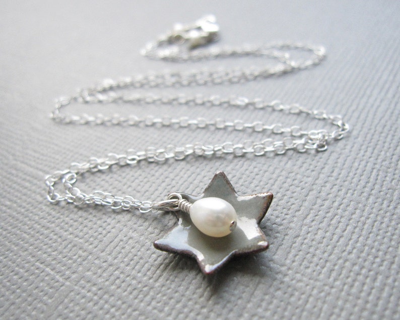 Dove Gray Jewish Star of David Necklace White Pearl Sterling Silver Enamel image 1