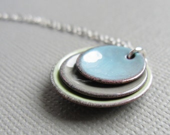 Tea Green Pale Blue Gray Modern Minimalist Enamel Necklace Sterling Silver