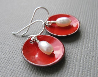 Cherry Red Earrings Enamel White Pearl Modern Minimalist Circle