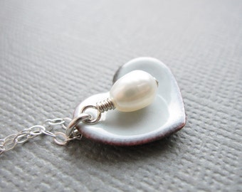 Mist Blue Heart Necklace White Pearl Sterling Silver Enamel