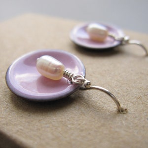 Pink Enamel White Pearl Modern Minimalist Circle Earrings image 4
