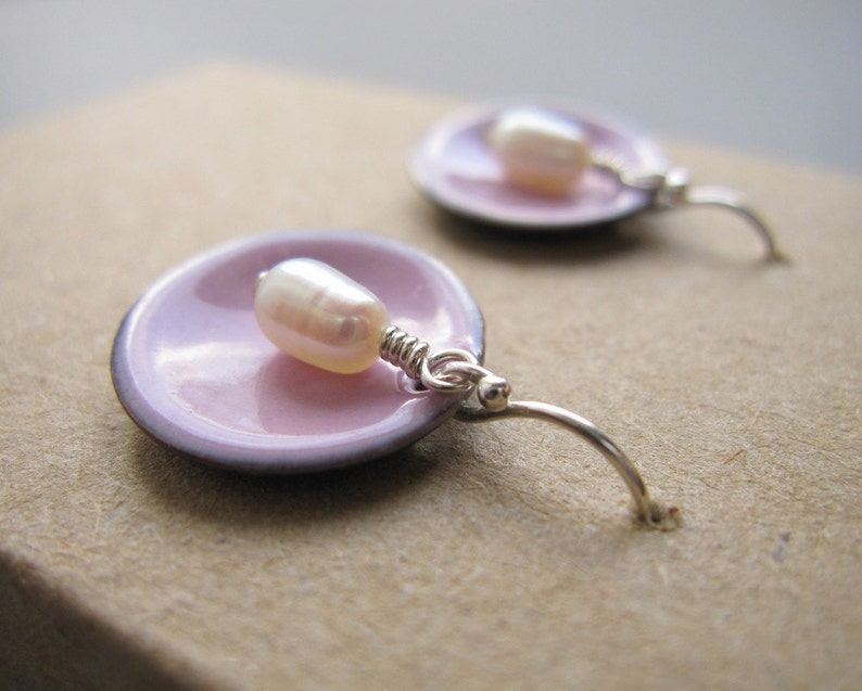 Pink Enamel White Pearl Modern Minimalist Circle Earrings image 4