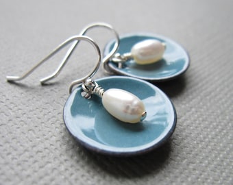 Dusk Blue Enamel White Pearl Modern Minimalist Circle Earrings