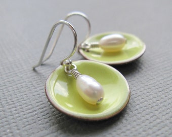 Citron Lemon Yellow Enamel White Pearl Modern Minimalist Circle Earrings