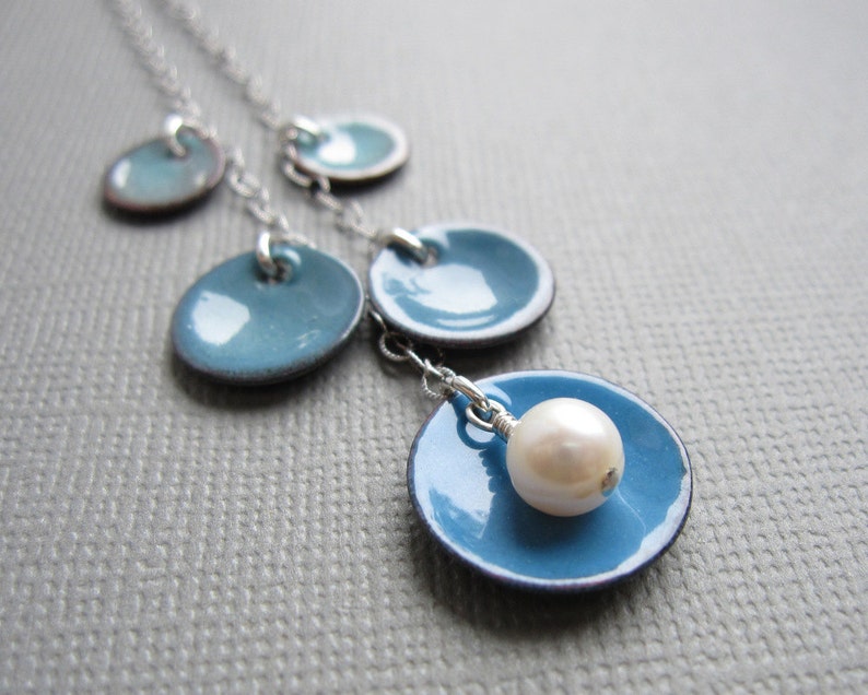 Ombre Dusk Blue Enamel Necklace White Pearl Sterling Silver image 4